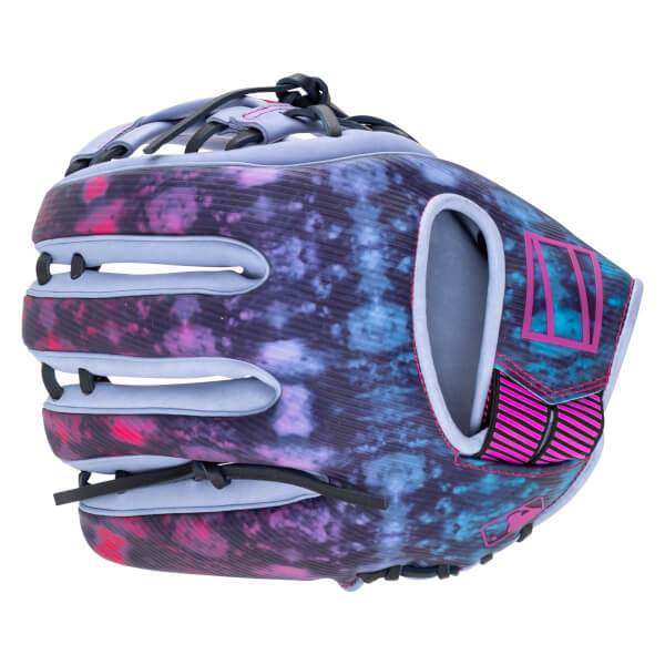 Side view of a baseball glove with a purple, pink, and blue tie-dye pattern and a pink MLB logo.