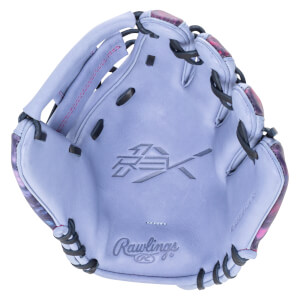 Top-down view of a light purple baseball glove with a floral pattern on the edges and "Rawlings" logo.