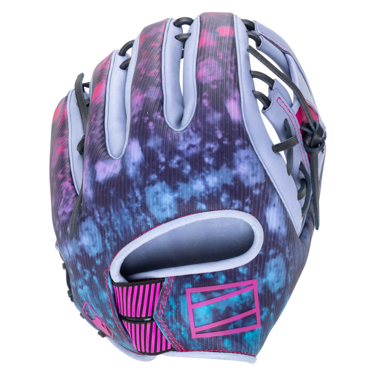 Front view of a baseball glove with a purple, blue, and pink tie-dye pattern and black lacing.