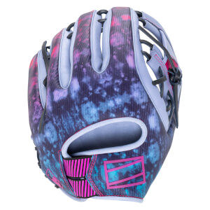 Front view of a baseball glove with a purple, blue, and pink tie-dye pattern and black lacing.