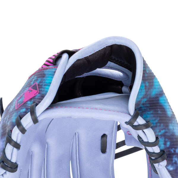 Close-up of a baseball glove showing the MLB logo, pink and blue tie-dye pattern, and white lacing.