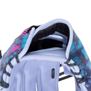 Close-up of a baseball glove showing the MLB logo, pink and blue tie-dye pattern, and white lacing.