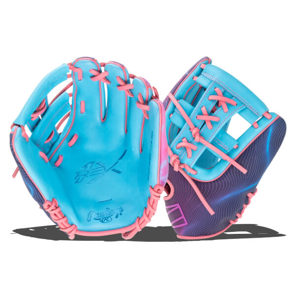 Front view of two blue baseball gloves with pink lacing and a purple, wavy pattern on the back of one.