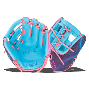 Front view of two blue baseball gloves with pink lacing and a purple, wavy pattern on the back of one.