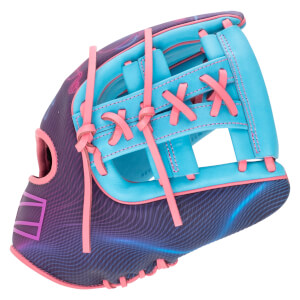 Side view of a baseball glove with a purple and blue wavy pattern, bright pink laces, and aqua blue leather.