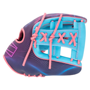 Side view of a purple and blue wavy patterned baseball glove with bright pink lacing and trim.
