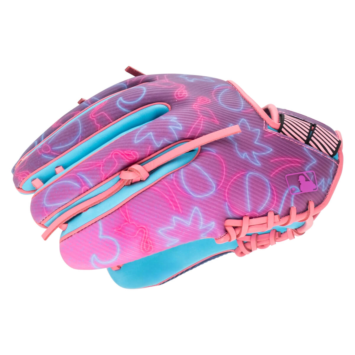 Side view of a purple baseball glove with a neon flamingo and palm tree pattern, blue lining, and pink accents.