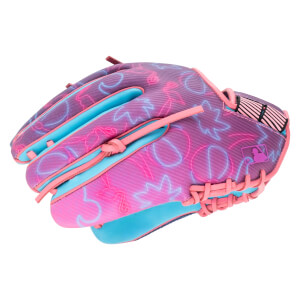 Side view of a purple baseball glove with a neon flamingo and palm tree pattern, blue lining, and pink accents.