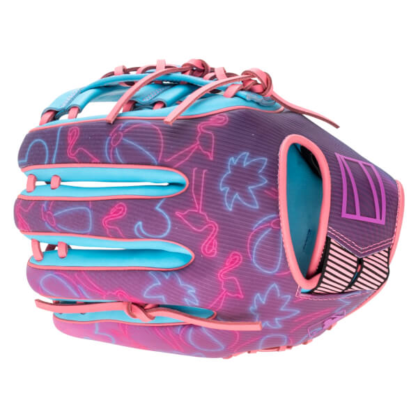 Side view of a purple baseball glove with neon flamingo and palm tree graphics, featuring blue and pink lacing.