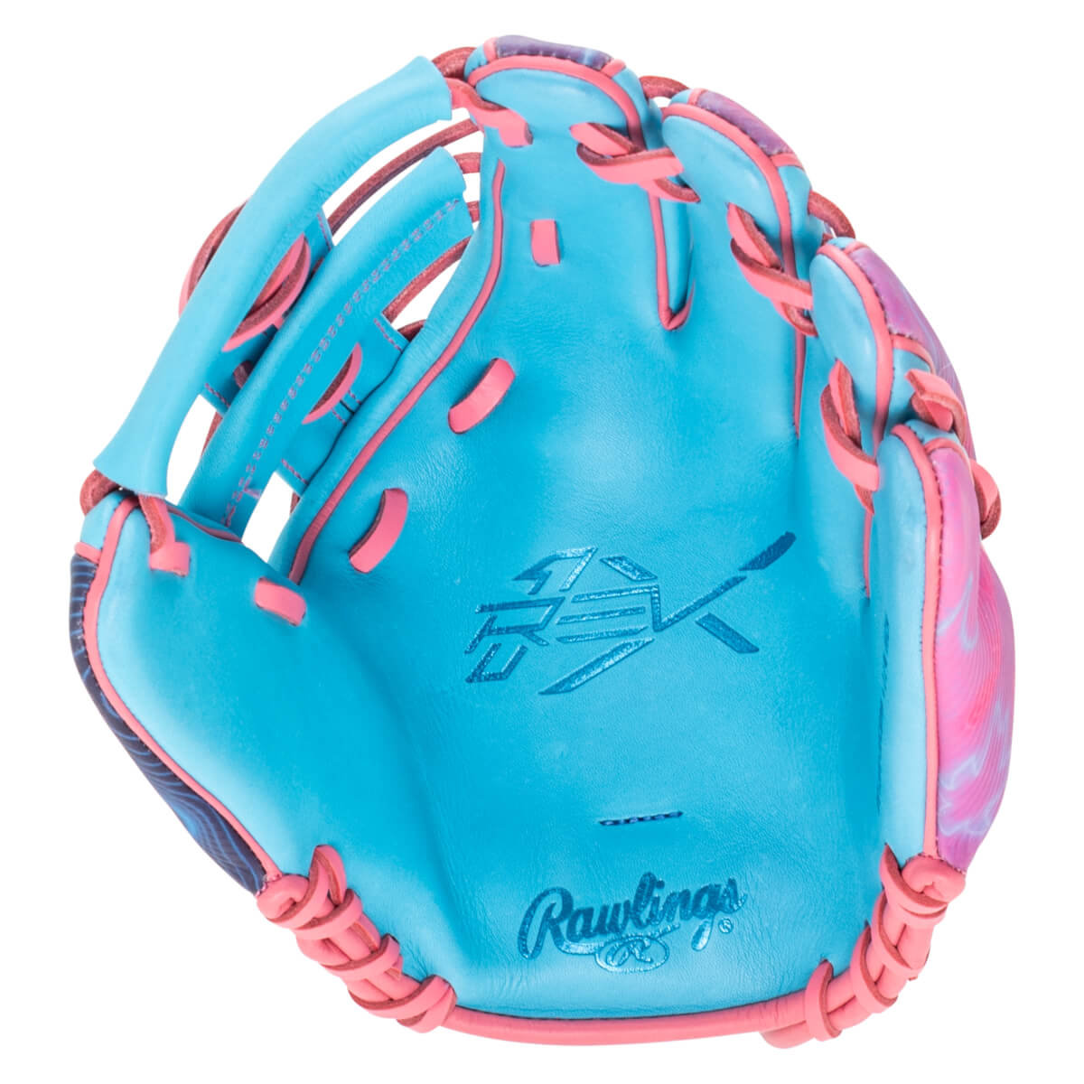 Front view of a blue baseball glove with pink lacing and a pink and purple patterned accent.
