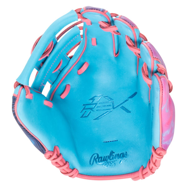 Front view of a blue baseball glove with pink lacing and a pink and purple patterned accent.