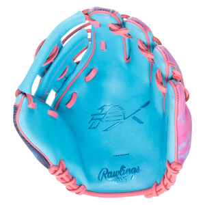 Front view of a blue baseball glove with pink lacing and a pink and purple patterned accent.