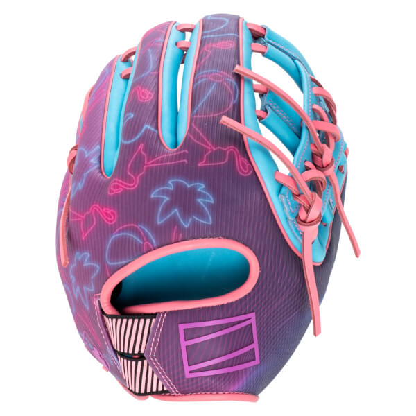 Front view of a purple baseball glove with neon flamingo and palm tree graphics, blue lining, and pink lacing.