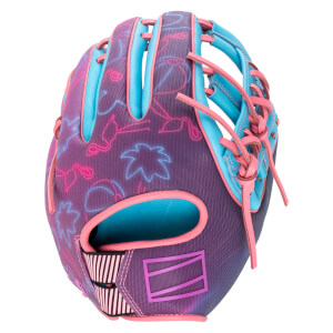 Front view of a purple baseball glove with neon flamingo and palm tree graphics, blue lining, and pink lacing.