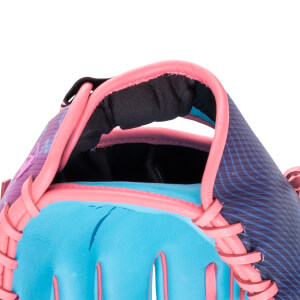 Close-up of a blue and pink baseball glove showing the finger stalls and lacing.