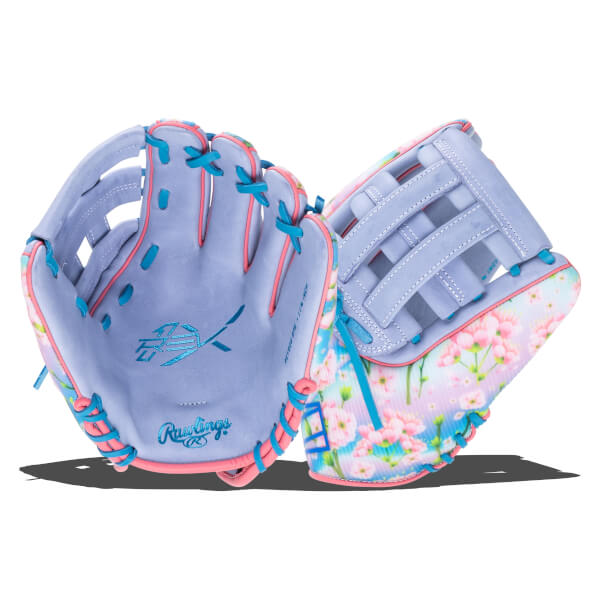 Front view of a lavender baseball glove with pink and blue lacing, a floral pattern, and "Rawlings" logo.