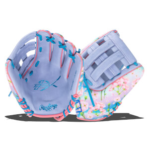 Front view of a lavender baseball glove with pink and blue lacing, a floral pattern, and "Rawlings" logo.