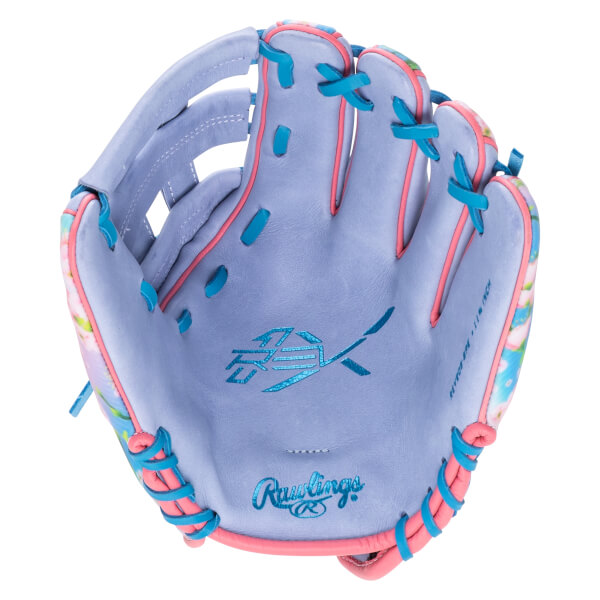 Top-down view of a light purple baseball glove with pink and blue lacing, a floral pattern on the edge, and "Rawlings" logo.