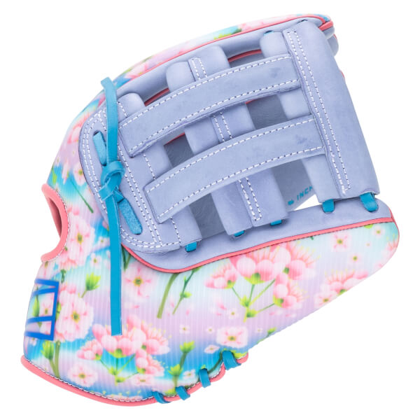Side view of a baseball glove with a floral print, light purple webbing, and pink trim.