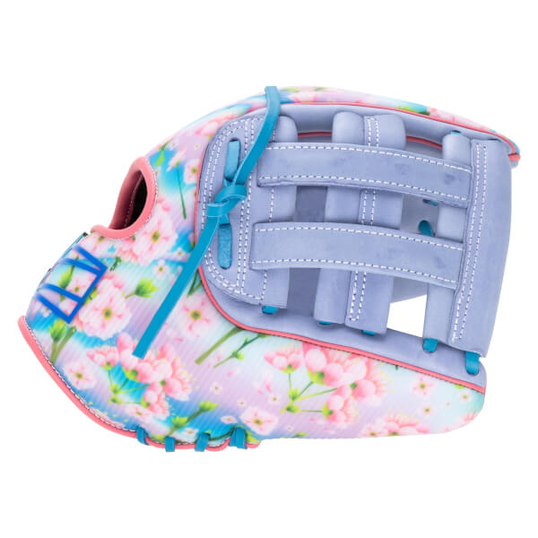 Side view of a baseball glove with a floral pattern, light purple lacing, and pink trim.