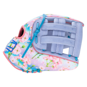 Side view of a baseball glove with a floral pattern, light purple lacing, and pink trim.
