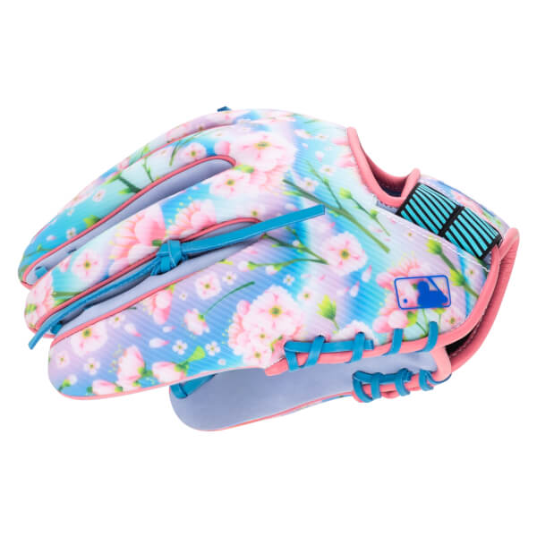Side view of a baseball glove with a floral print, pink trim, and MLB logo.