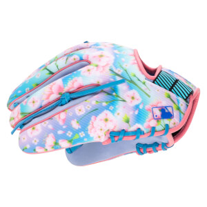 Side view of a baseball glove with a floral print, pink trim, and MLB logo.