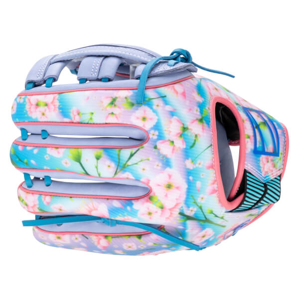Side view of a baseball glove with a floral pattern, pink trim, and blue laces.