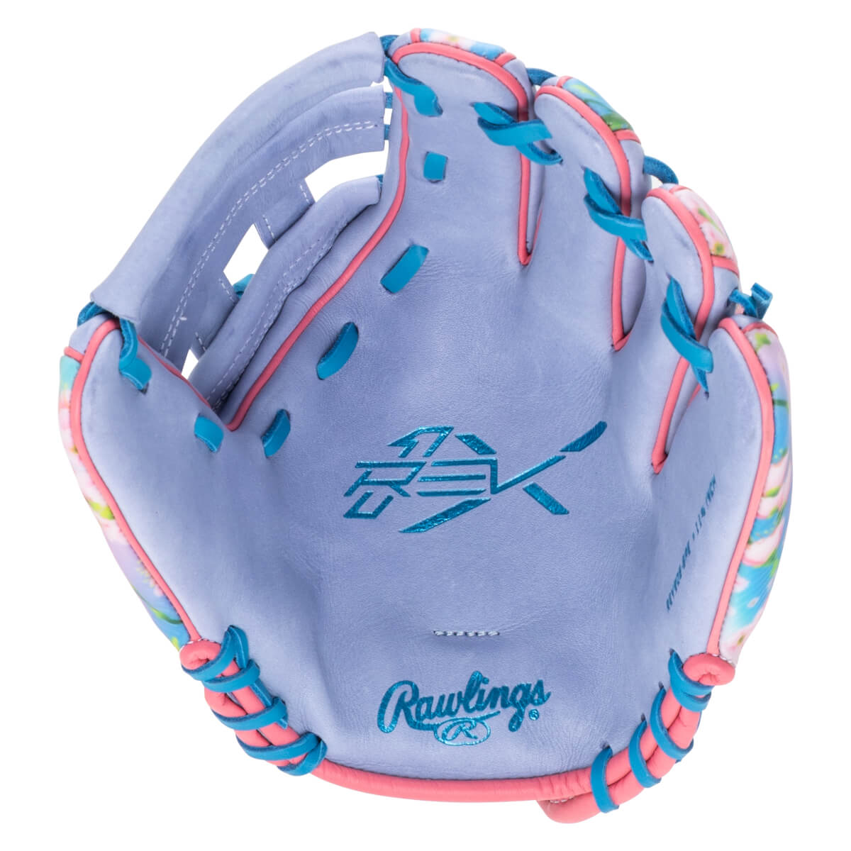 Top-down view of a light purple baseball glove with floral accents, blue lacing, and the Rawlings logo.
