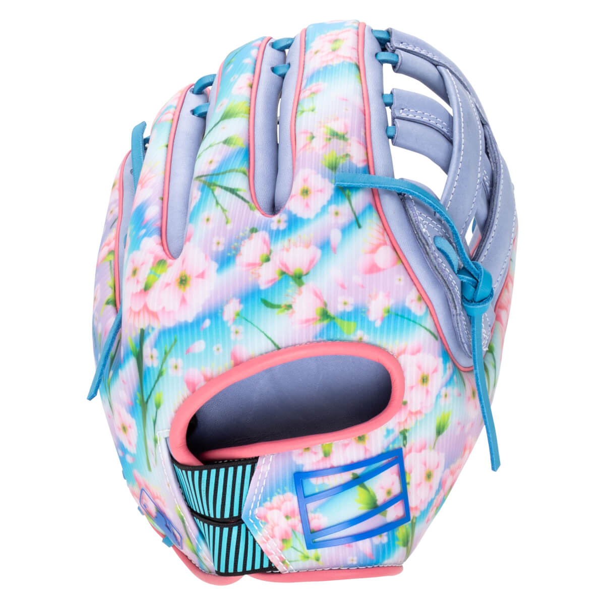 Front view of a baseball glove with a floral pattern, blue lacing, and a pink trim.