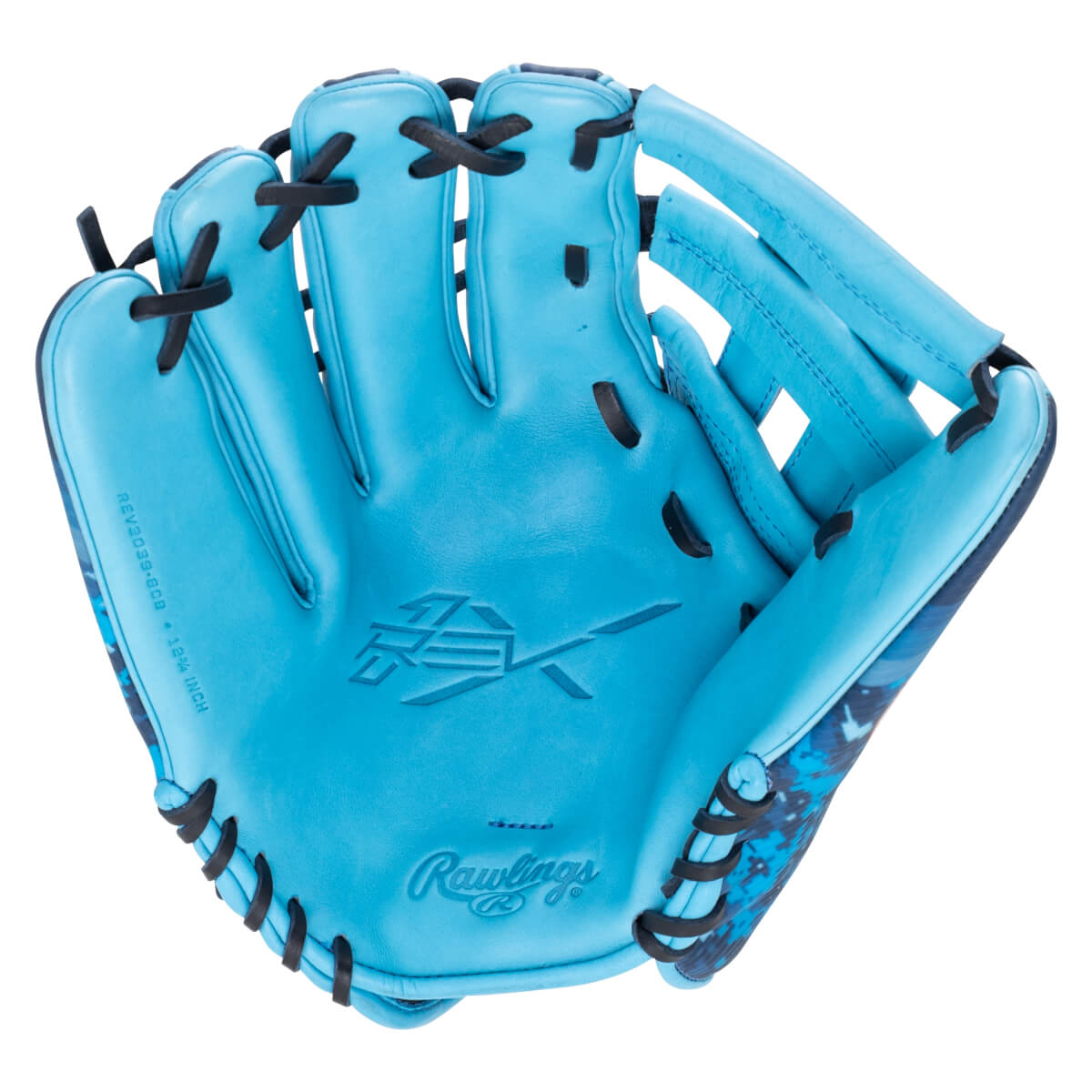 Front view of a bright blue baseball glove with black lacing, a "Rawlings" logo, and a camouflage pattern on the side.