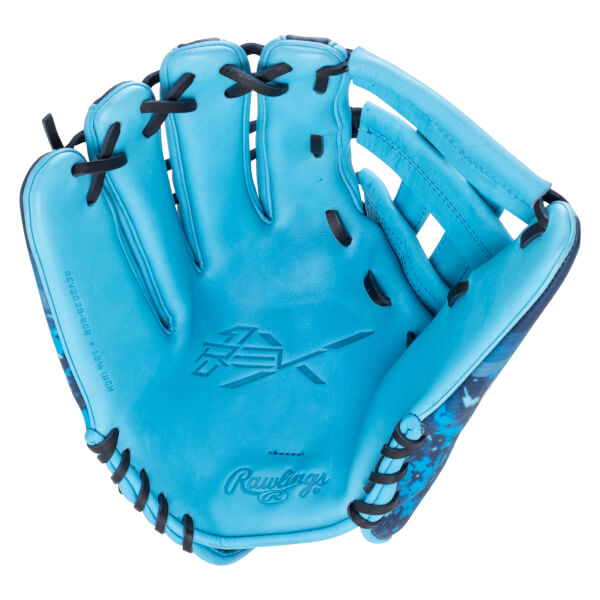 Front view of a bright blue baseball glove with black lacing, a "Rawlings" logo, and a camouflage pattern on the side.