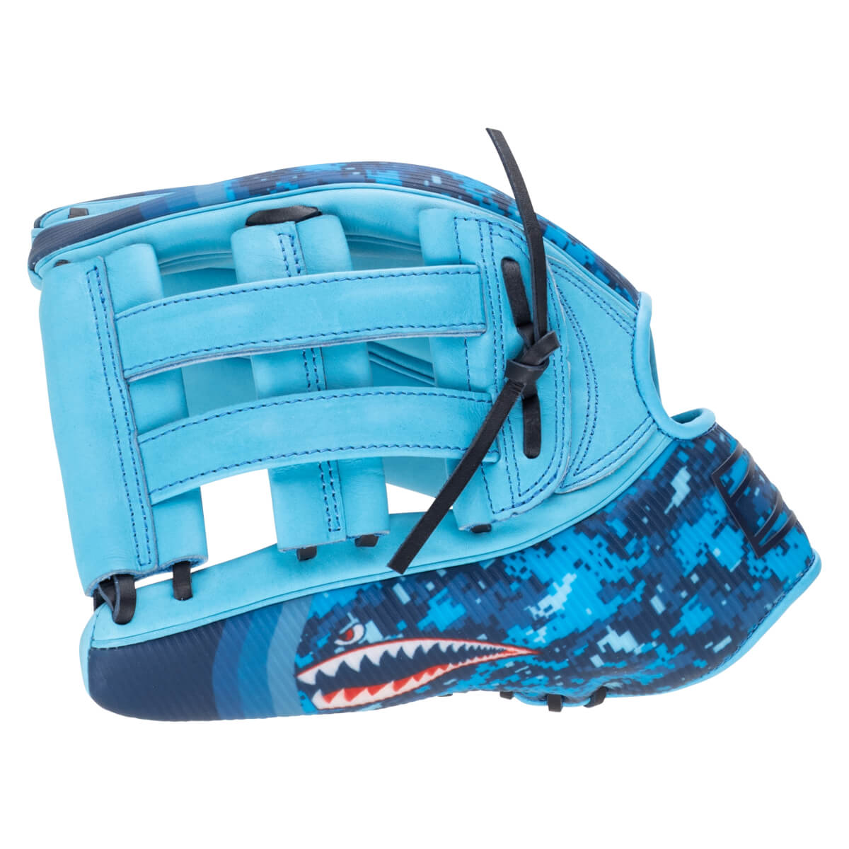 Side view of a blue baseball glove with a shark graphic and digital camouflage pattern.