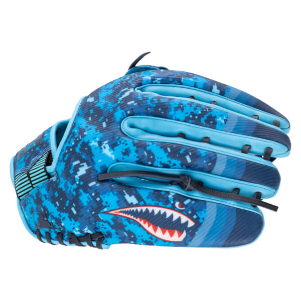 Side view of a blue baseball glove with a pixelated camouflage pattern and a shark graphic.