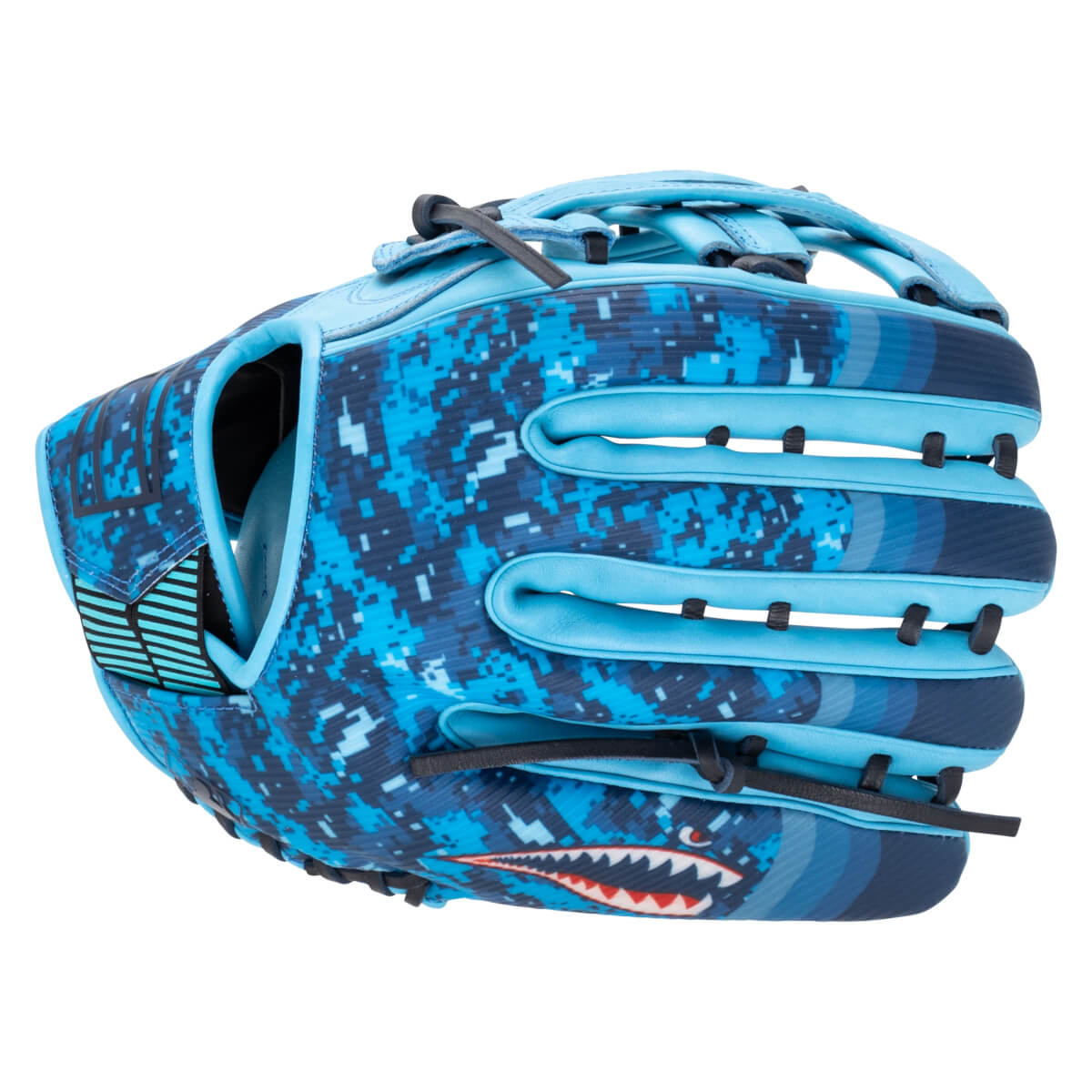 Side view of a blue baseball glove with a digital camouflage pattern and a shark mouth graphic.