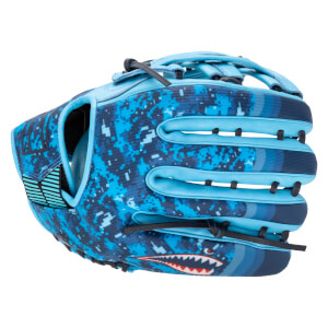 Side view of a blue baseball glove with a digital camouflage pattern and a shark mouth graphic.