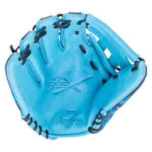 Top-down view of a bright blue Rawlings baseball glove with black lacing and a camouflage pattern on the inner lining.