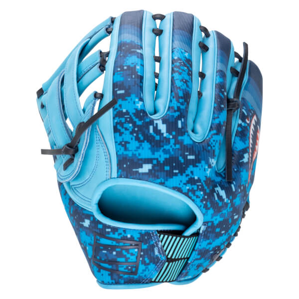 Front view of a blue baseball glove with a digital camouflage pattern and a shark graphic.