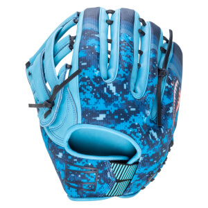 Front view of a blue baseball glove with a digital camouflage pattern and a shark graphic.