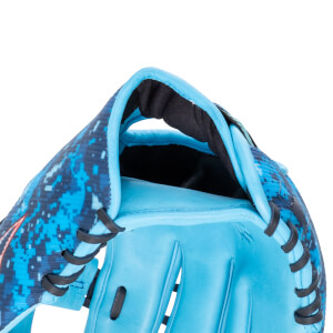 Close-up of a blue baseball glove with a digital camouflage pattern and black lacing.