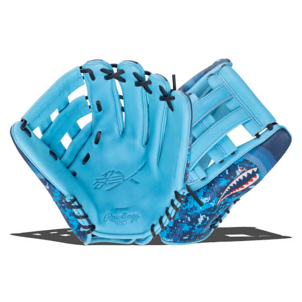 Front view of a light blue baseball glove with black laces and a shark graphic on the palm.