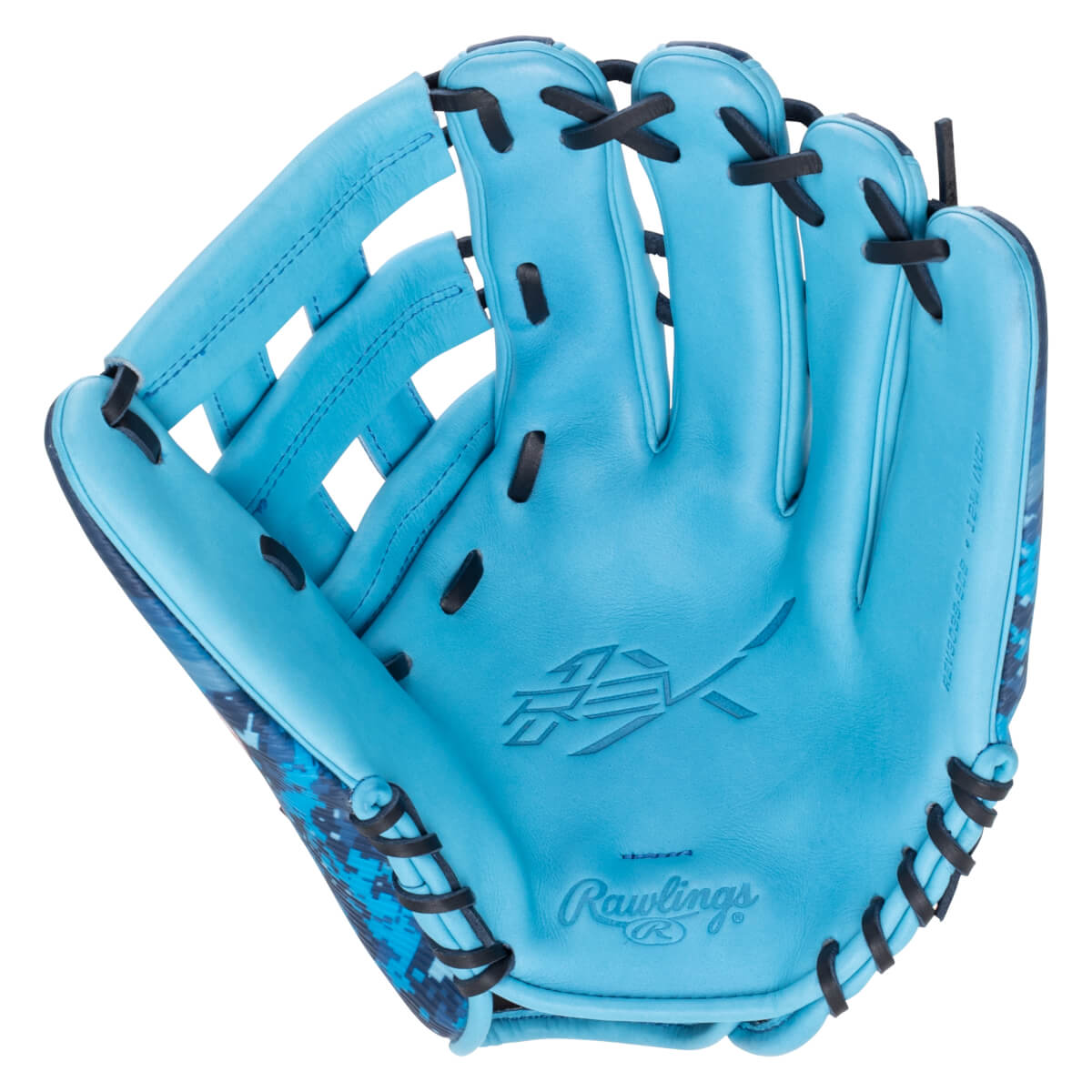Front view of a bright blue baseball glove with black lacing, a Rawlings logo, and a digital camo pattern on the palm.