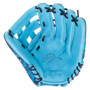 Front view of a bright blue baseball glove with black lacing, a Rawlings logo, and a digital camo pattern on the palm.