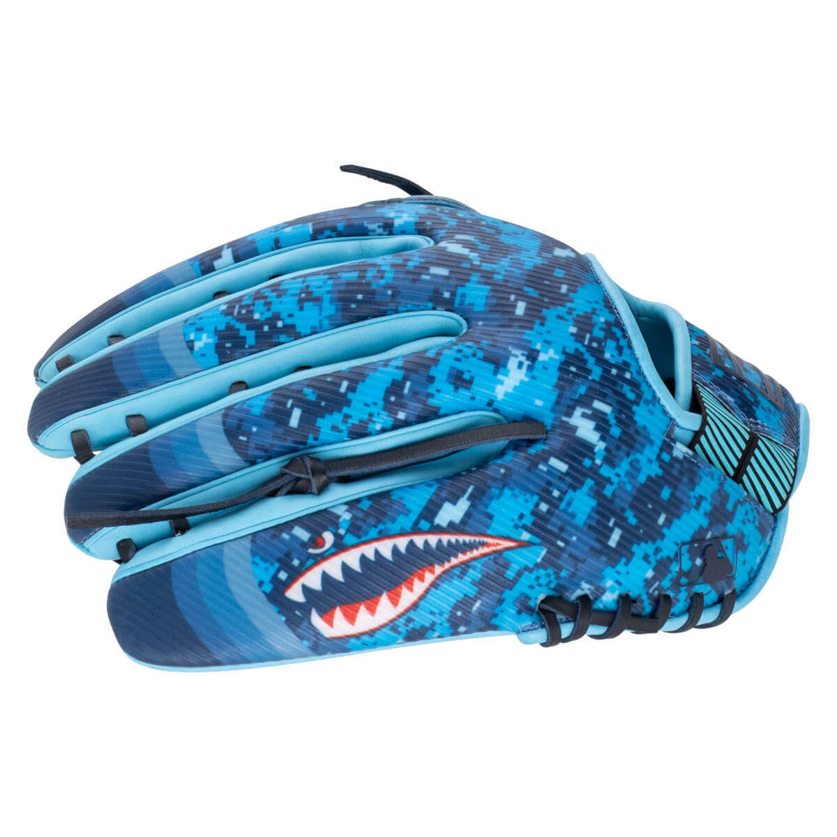 Side view of a blue digital camouflage baseball glove featuring a shark graphic and MLB logo.