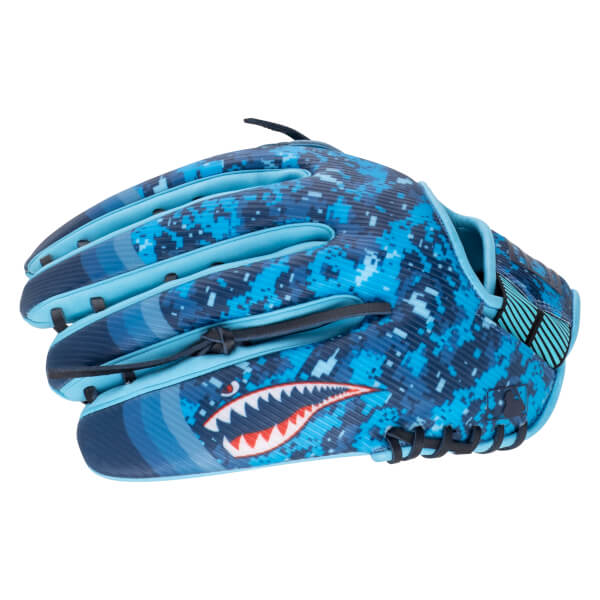 Side view of a blue digital camouflage baseball glove featuring a shark graphic and MLB logo.