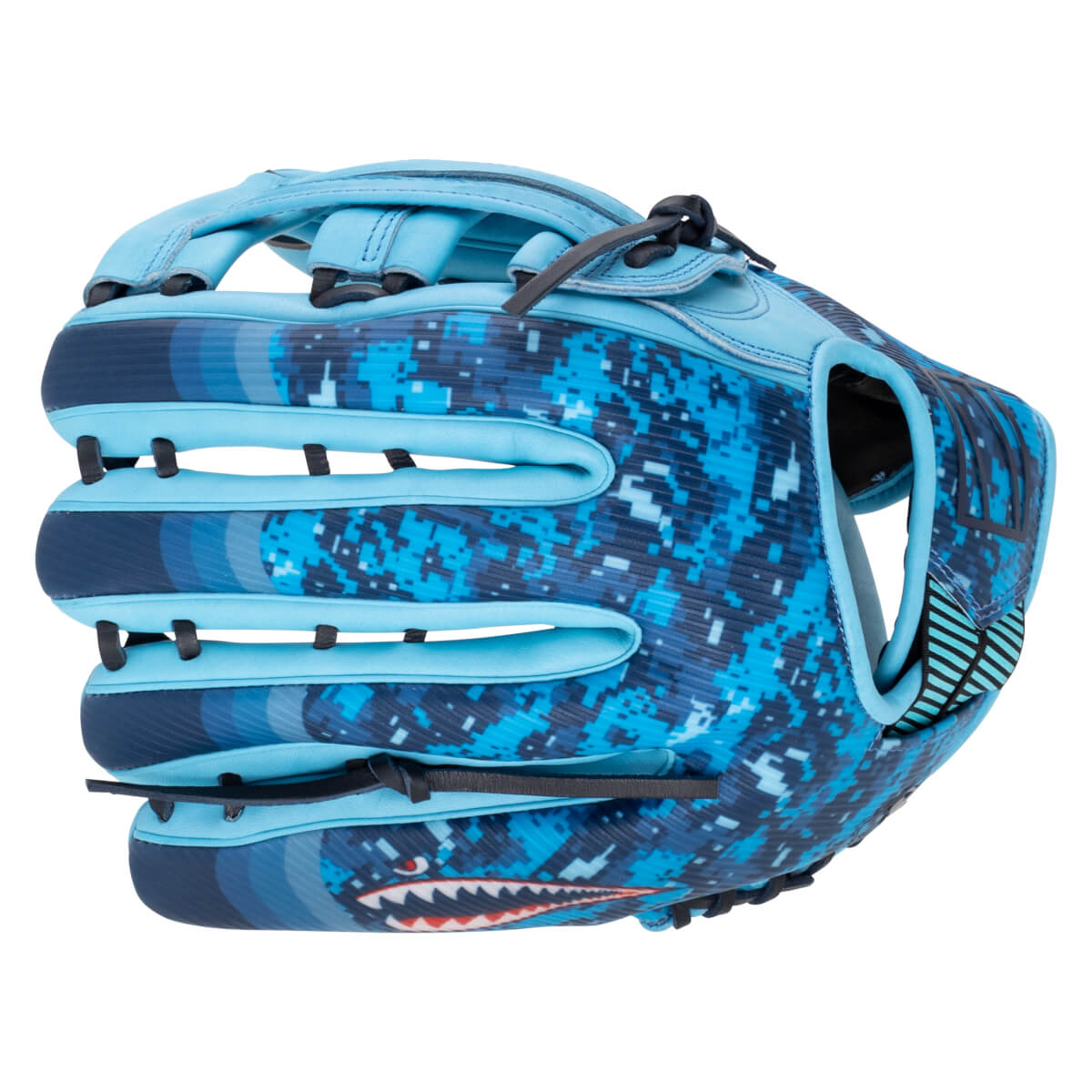 Front view of a blue baseball glove with a digital camouflage pattern and a shark graphic.