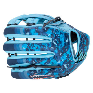 Front view of a blue baseball glove with a digital camouflage pattern and a shark graphic.