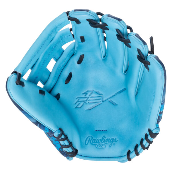 Front view of a bright blue baseball glove with black lacing, a Rawlings logo, and a stylized "RX" emblem.