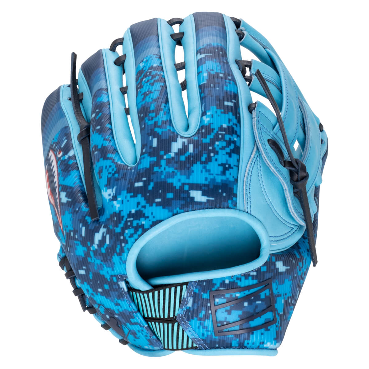 Top-down view of a blue digital camouflage baseball glove with a shark graphic on the side.