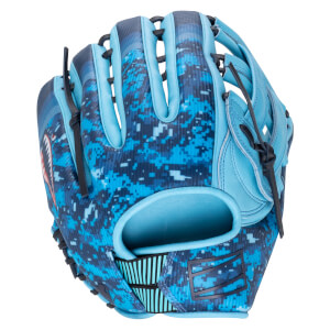 Top-down view of a blue digital camouflage baseball glove with a shark graphic on the side.